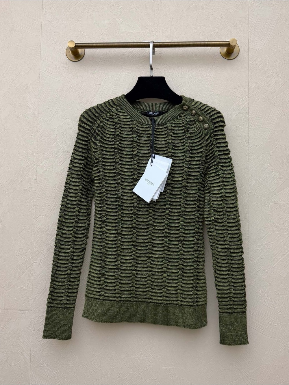 🚩steal Balmain Olive Green Textured Knit Crewneck Sweater